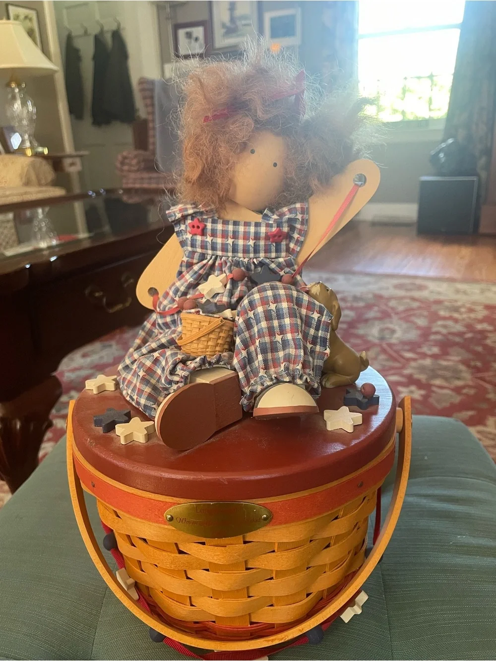 Longaberger Doll-Topped Woven Basket in Red, Blue & Natural